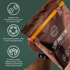 Primal Harvest vegan protein powder label detail emphasizing gluten-free, soy-free formula