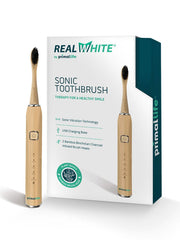 Real White Sonic Toothbrush with bamboo handle and dual brush heads