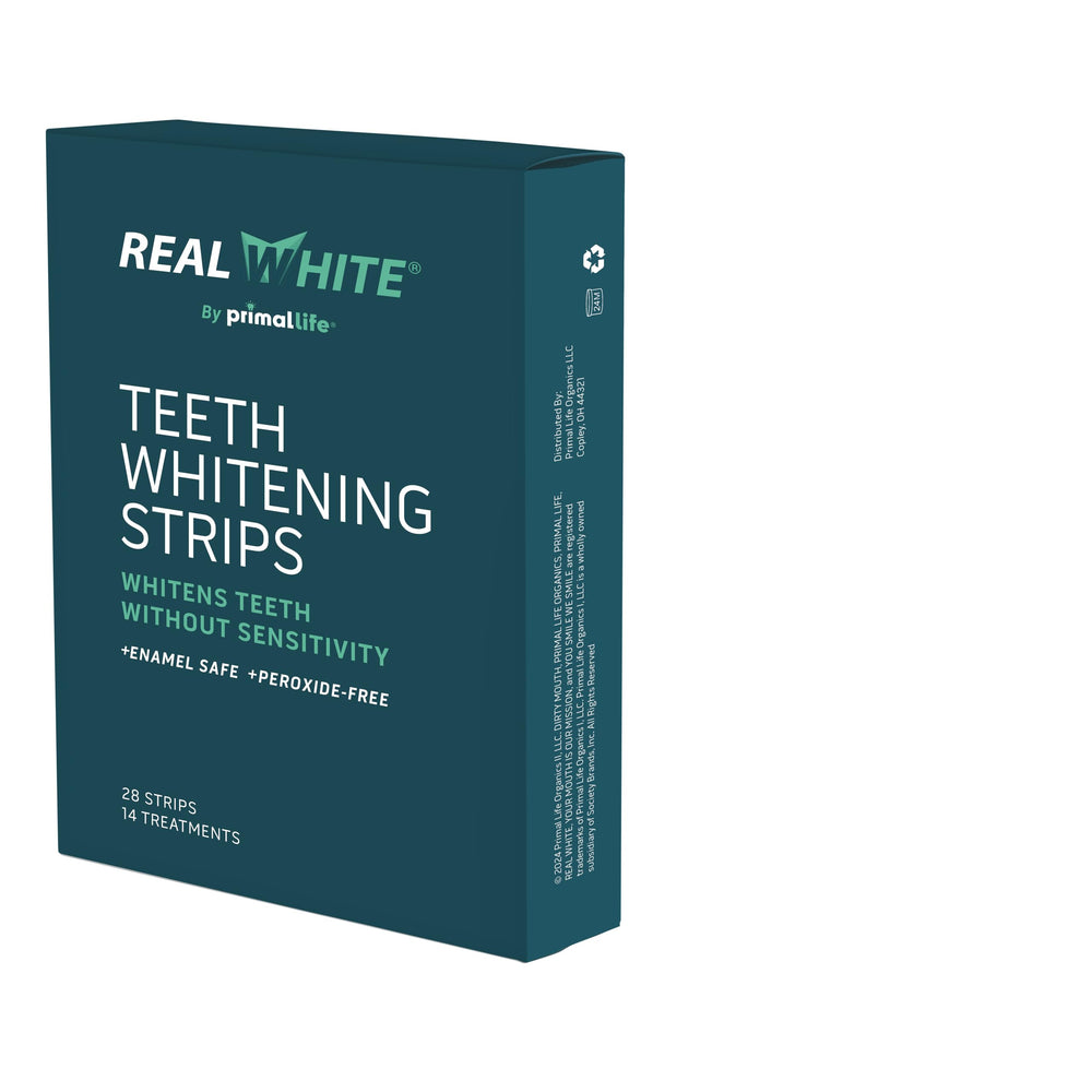 Front packaging of Primal Life Organics Real White Teeth Whitening Strips