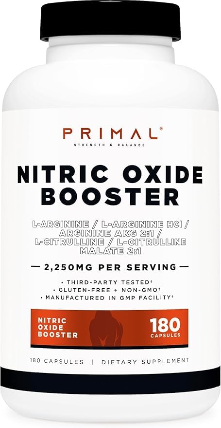 Primal Nitric Oxide Booster bottle-front view highlighting high-potency workout formula.