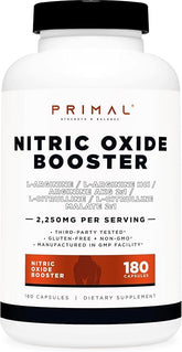 Primal Nitric Oxide Booster bottle-front view highlighting high-potency workout formula.