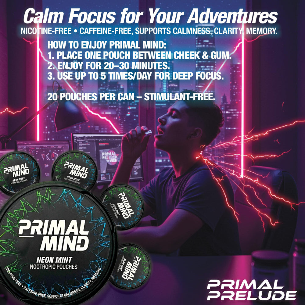 Close-up of Primal Mind Neon Mint pouch for plant-based energy.