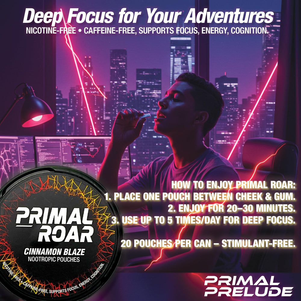 Primal Prelude Primal Roar can on desk signals portable daily mental edge and convenience.