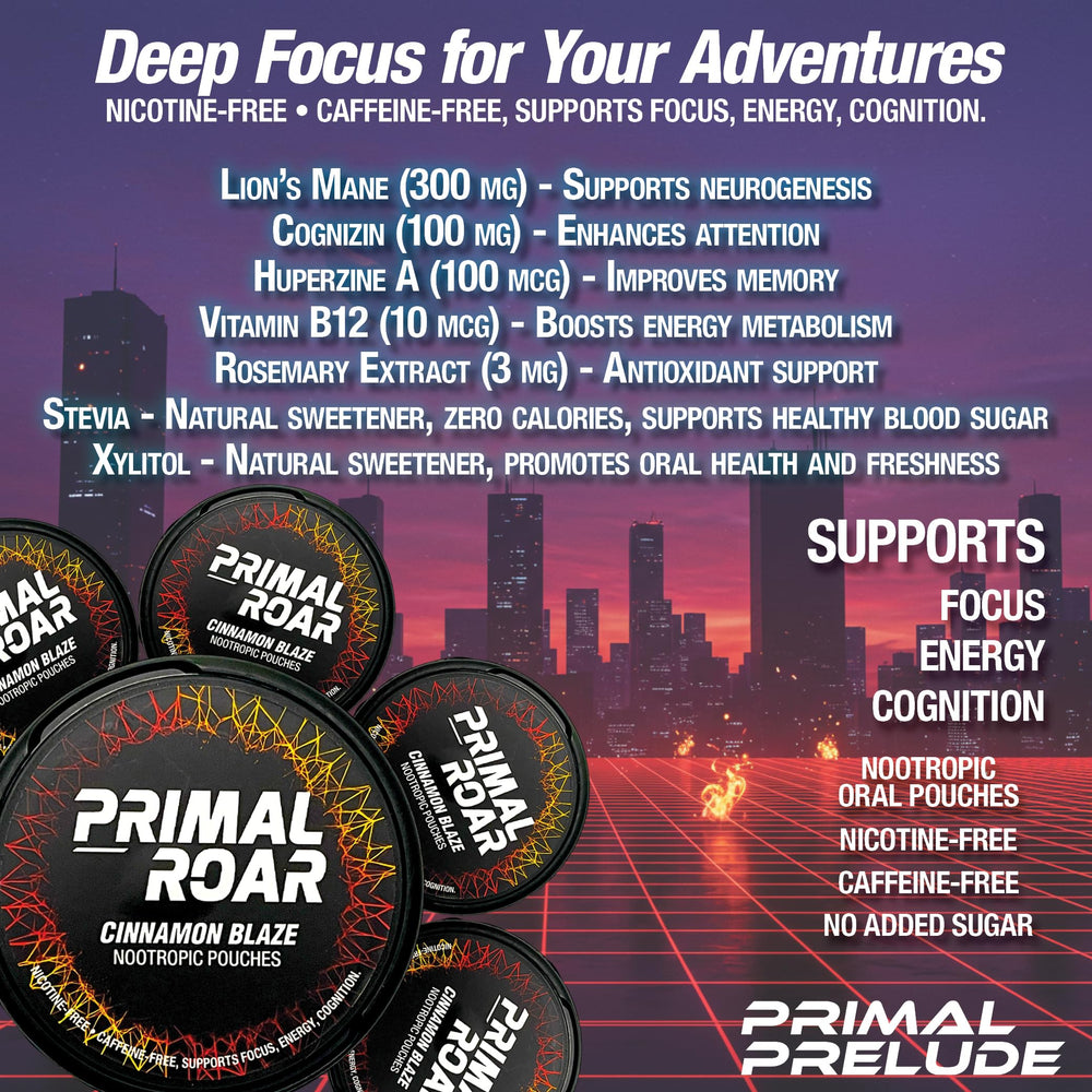 Primal Prelude Primal Roar pouch used discreetly at gym or desk for steady cognitive support.