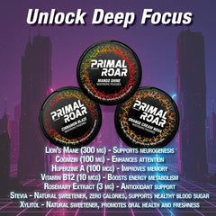 Primal Prelude Primal Roar pouch placed between gum and cheek for discreet, caffeine-free focus.