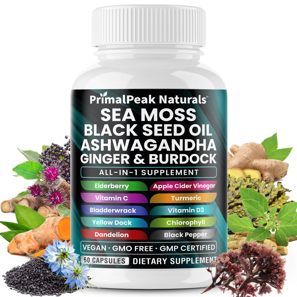Bottle of PrimalPeak Naturals Sea Moss and Black Seed Oil capsules