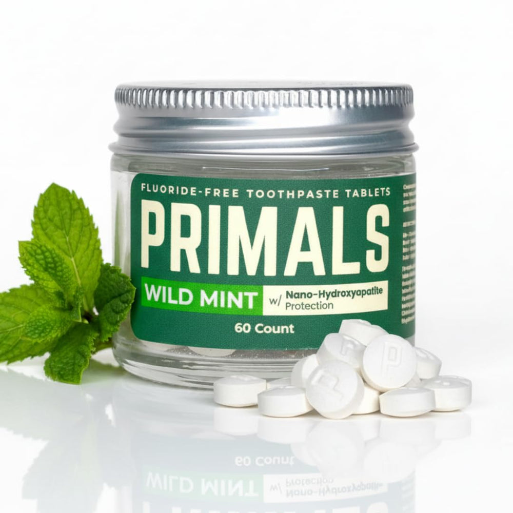Hero image: PRIMALS fluoride-free toothpaste tablets in a 60-count jar on a white background