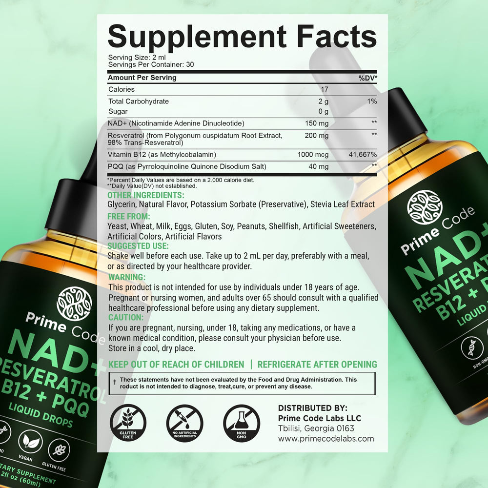 Close-up of NAD+ liquid drop dispensing from a dropper