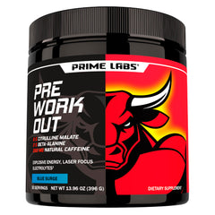 Prime Labs pre workout blue lemonade bottle ready for energized training sessions