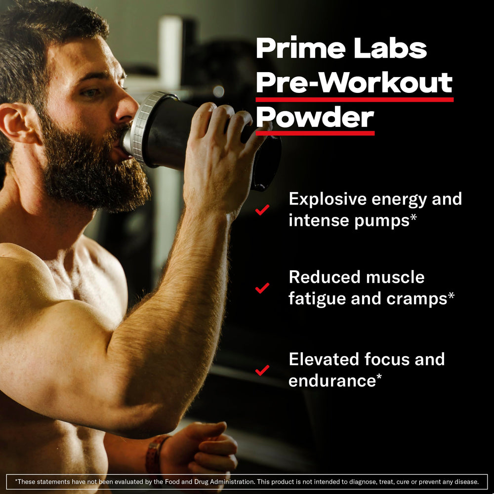 Prime Labs pre workout scoop beside label signals clean, crash-free energy