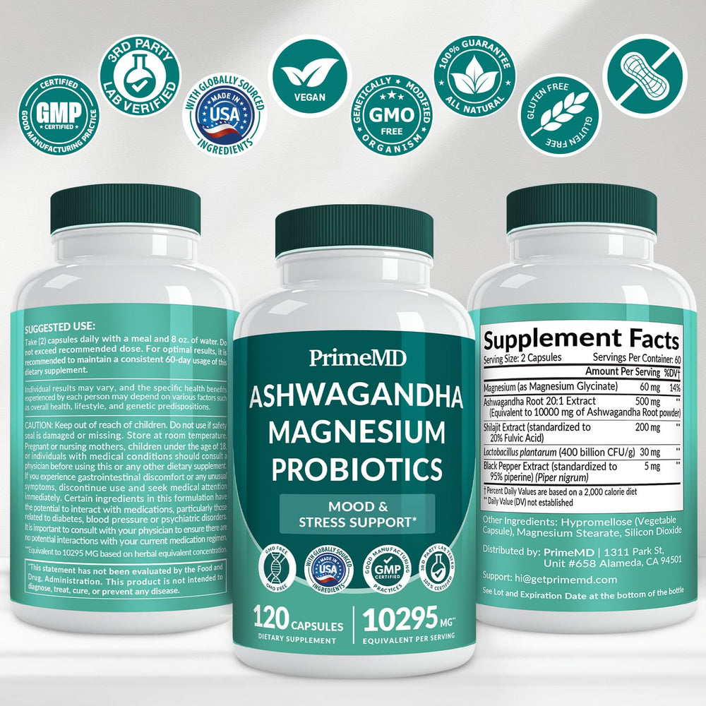 Pack of 4 PrimeMD 5-in-1 Cortisol Supplements on a wooden surface