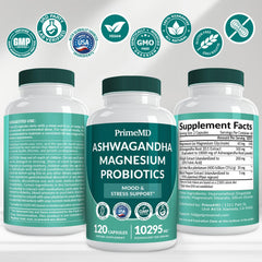 Pack of 4 PrimeMD 5-in-1 Cortisol Supplements on a wooden surface