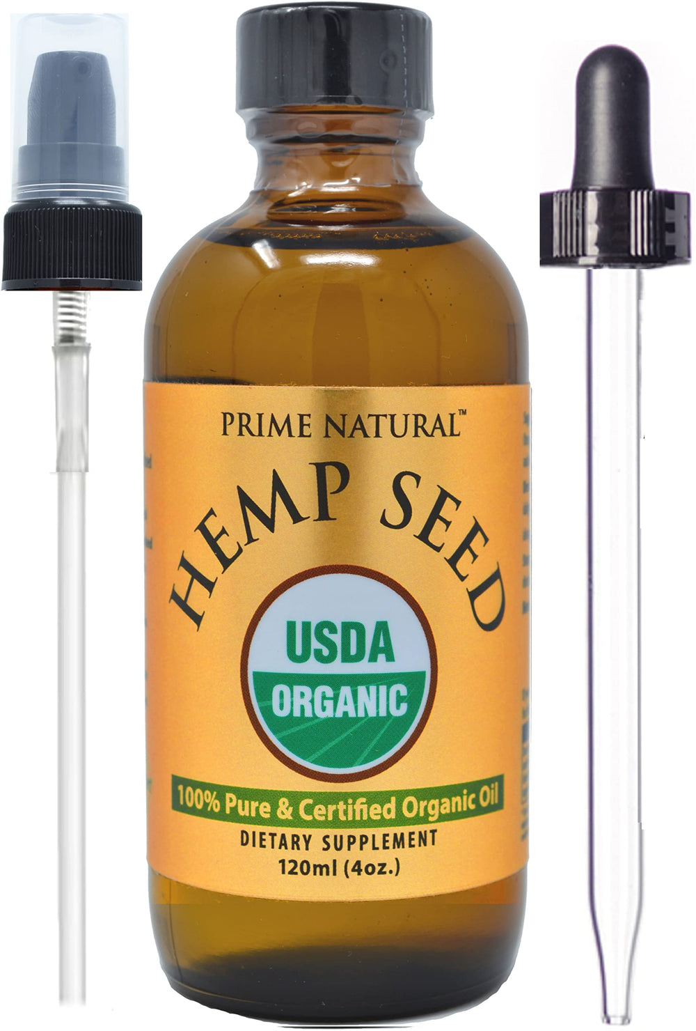 Prime Natural Hemp Seed Oil 4oz in amber glass bottle
