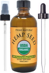 Prime Natural Hemp Seed Oil 4oz in amber glass bottle