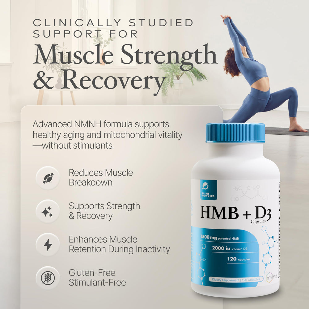 Close up of patented HMB + D3 formula on packaging