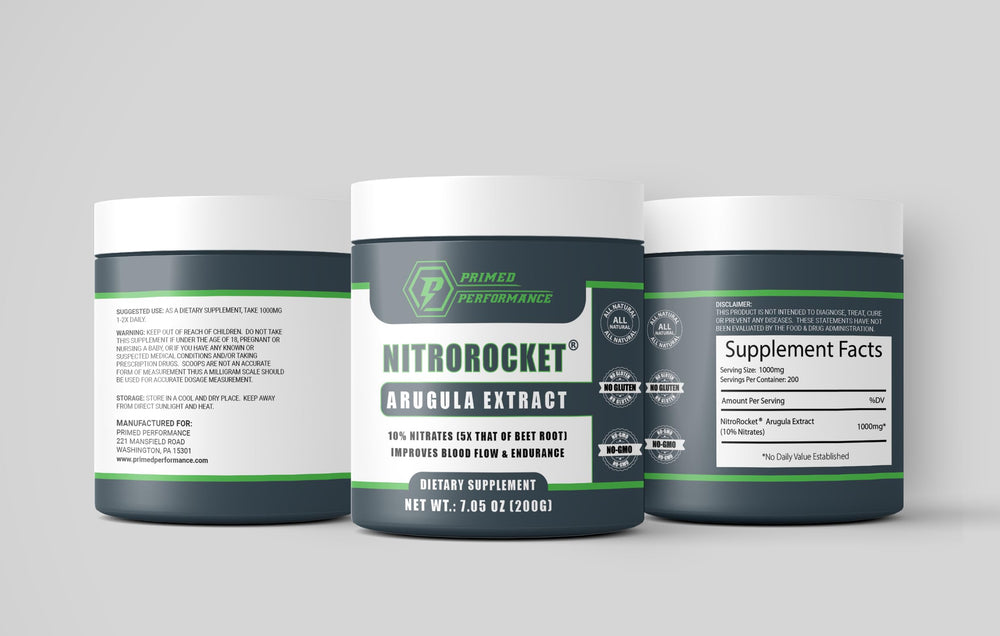 Primed Performance NitroRocket packaging highlights nitrate-based performance benefits for athletes.