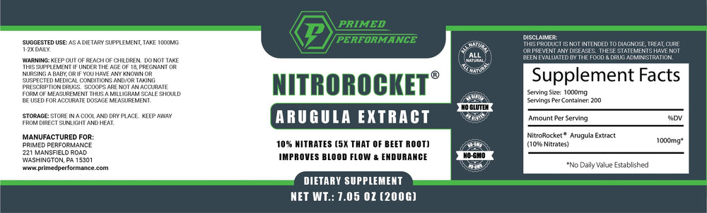 Primed Performance NitroRocket plant-based ingredients highlight non-GMO performance support.