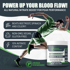 Primed Performance NitroRocket powder jar view emphasizing plant-based nitrate formula for energy support.