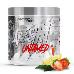 Primeval Labs Ape Untamed powder tub front showcases strawberry lemonade flavor for pre-workout energy.
