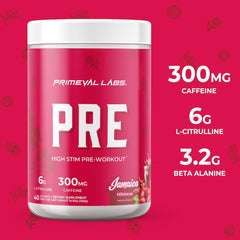Primeval Labs PRE High-Stim packaging on a gym bench for daily use
