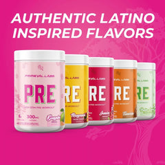 Primeval Labs PRE bottle with nutrition facts suggests clear dosing for daily use.
