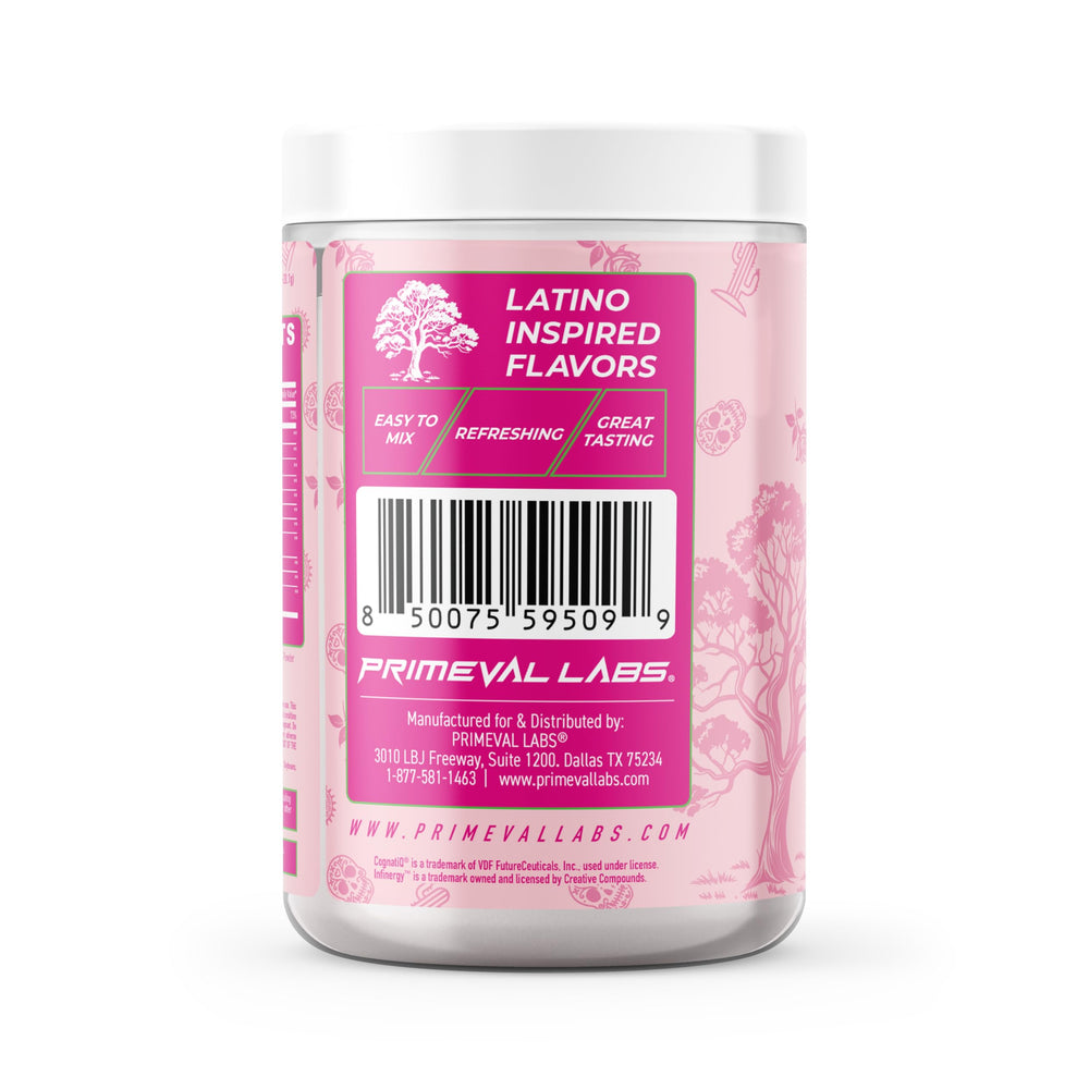 Primeval Labs PRE close-up shows L-Citrulline for pumps and blood flow during training.