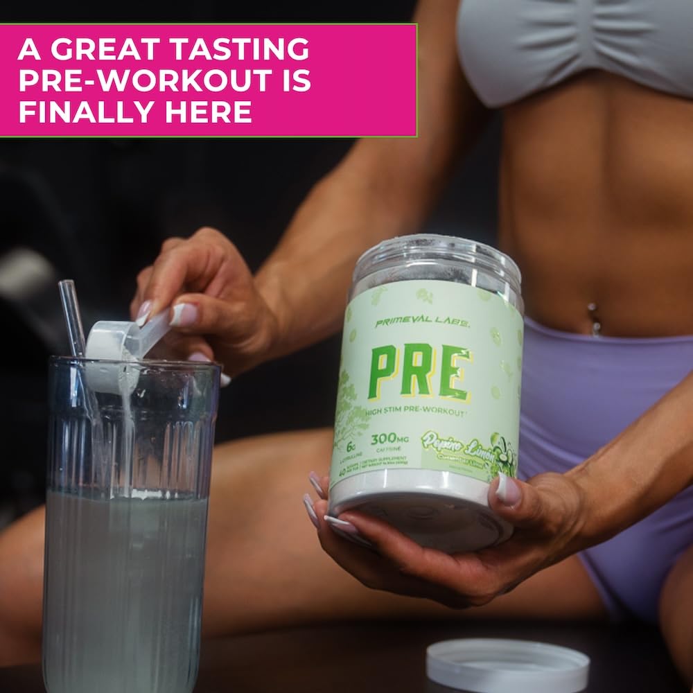 Primeval Labs PRE High-Stim scoop pouring powder for a smooth start to training.