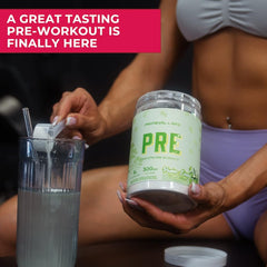 Primeval Labs PRE High-Stim tub open with label visible and flavor notes