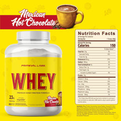 Primeval Labs Pure Whey Concentrate nutrition panel shows high protein per serving.