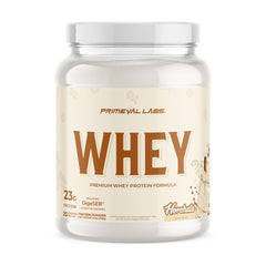 Primeval Labs Pure Whey Horchata bottle highlighting premium protein for muscle support