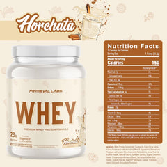 Primeval Labs Pure Whey powder with a scoop signaling convenient high protein intake