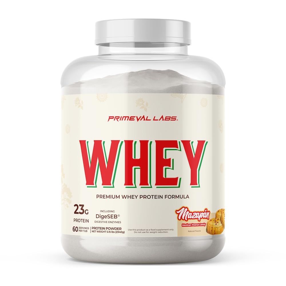 Primeval Labs Pure Whey Mazapan bottle supports post-workout recovery with high-quality protein.