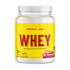 Primeval Labs Pure Whey Protein Concentrate Mexican Hot Chocolate shake showing creamy texture and smooth blend