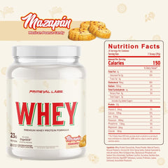 Primeval Labs Pure Whey Scoop beside powder for easy prep after training.