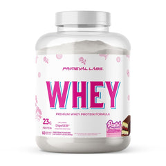 Primeval Labs Pure Whey protein concentrate scoop shows high protein per serving for workouts