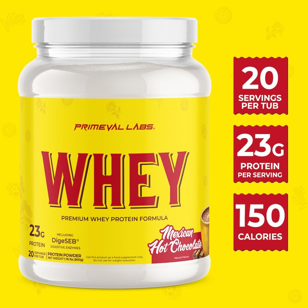 Primeval Labs Pure Whey Protein Concentrate serving scoop indicating protein-rich serving