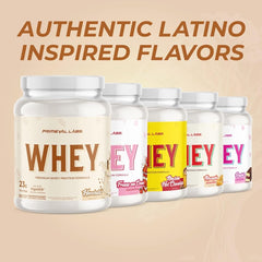 Primeval Labs Pure Whey tub closeup highlighting 20 serving protein solution