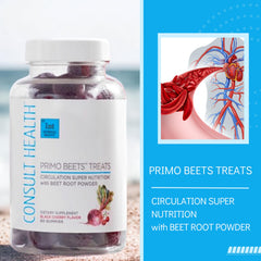 Close-up of Primo Beets gummy showing 500mg beet root powder