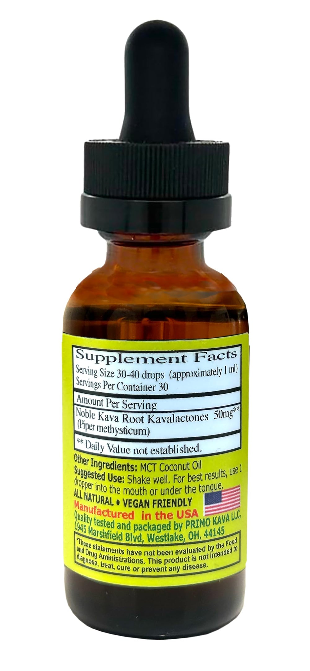 Label highlighting 50 mg kavalactones per dropper