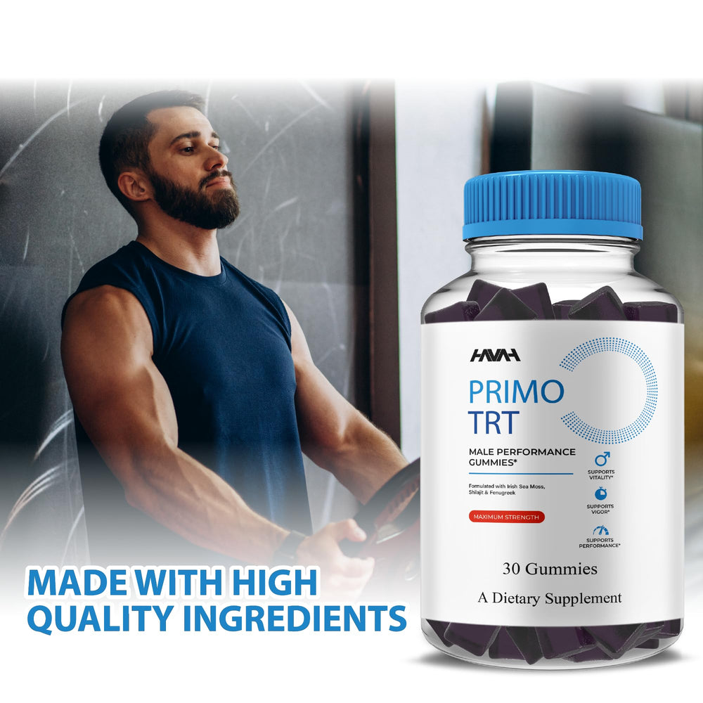 Close-up of Primo TRT gummies bottle