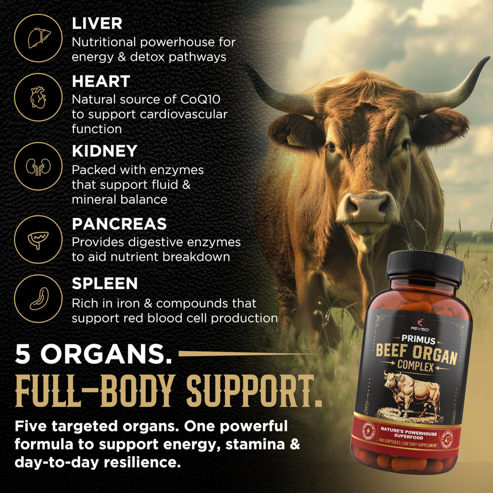Beef organ supplement highlighting heart, liver, kidney, pancreas, and spleen