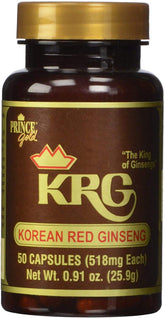 Prince Gold Korean Red Ginseng Capsules bottle label with 518 mg per capsule (50 count)