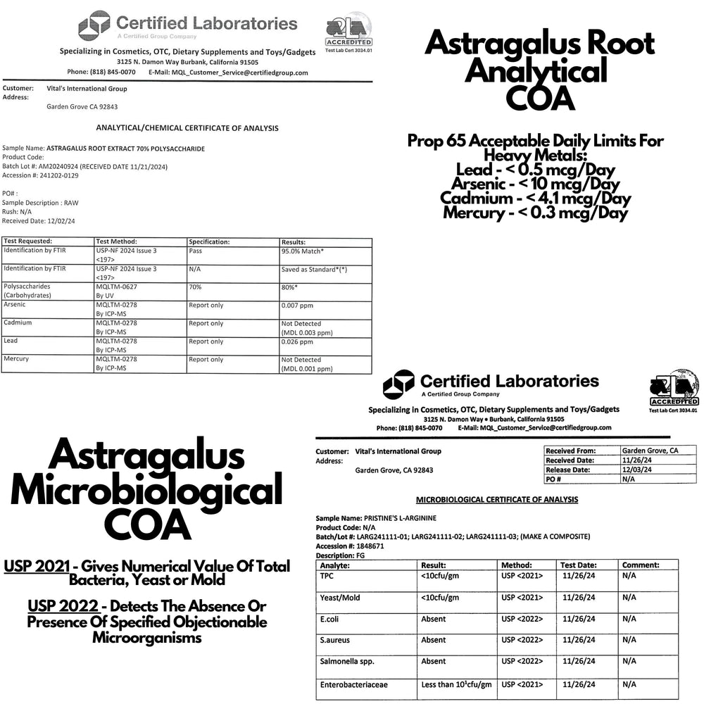 Nutrition facts panel on PRISTINE'S Astragalus bottle