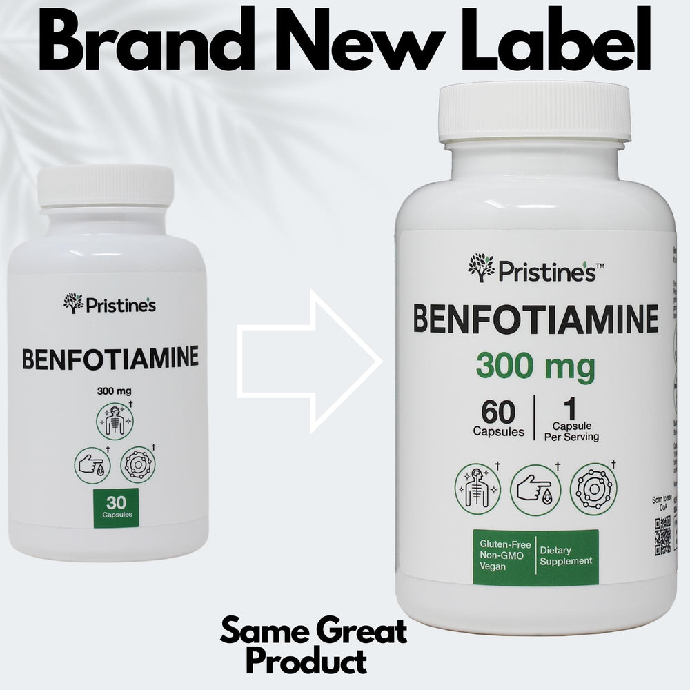 Close-up of PRISTINE'S Benfotiamine 300mg bottle label