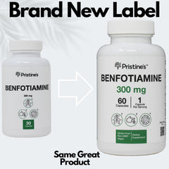 Close-up of PRISTINE'S Benfotiamine 300mg bottle label
