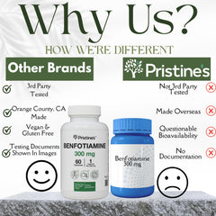 Vegan and Non-GMO badges with Benfotiamine packaging