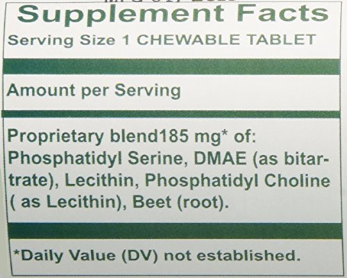 Close-up of Pro-Cortisol Balance chewable tablet showing ingredients such as phosphatidylserine, DMAE, and phosphatidylcholine