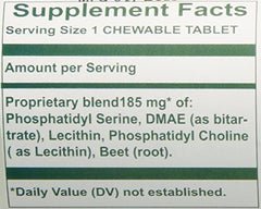 Close-up of Pro-Cortisol Balance chewable tablet showing ingredients such as phosphatidylserine, DMAE, and phosphatidylcholine