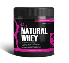 PRO NUTRITION LABS Whey Protein Women Chocolate Delight tub emphasizes grass-fed protein for lean muscle support.