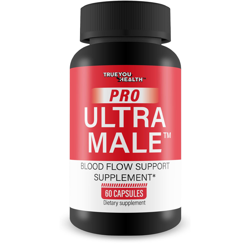 Pro Ultra Male bottle and capsules on white background